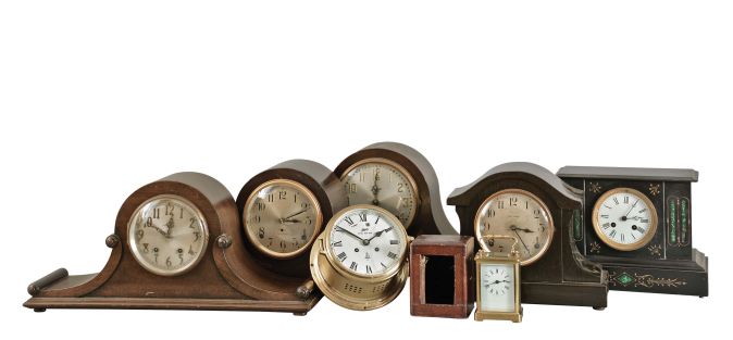 Clocks- 7 (Seven) spring driven: Four time and strike wood case tambour clocks by Seth Thomas and Sessions, one black mantel clock with slate case and Japy Freres movement, Schatz "Royal Mariner" ship