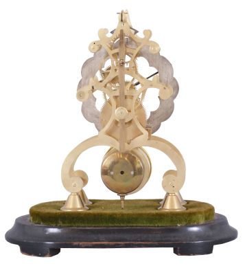 England, single fusee skeleton clock, in a well finished scroll frame, and with scalloped dial of silvered brass, nice small size, height of frame only approx. 8"