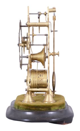 England, single fusee skeleton clock, in a well finished scroll frame, and with scalloped dial of silvered brass, nice small size, height of frame only approx. 8"