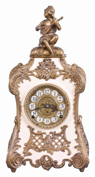 F. Kroeber Clock Co., New York, "Pampadour", 8 day, time and strike, spring brass movement enameled iron case mantel clock.