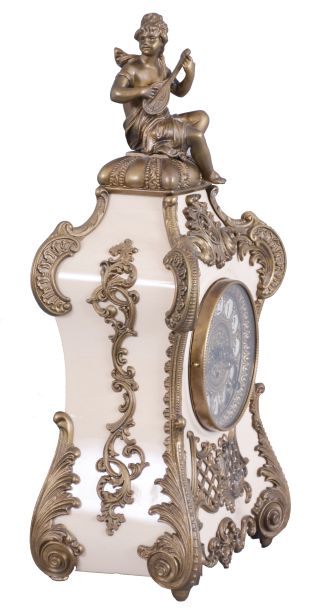 F. Kroeber Clock Co., New York, "Pampadour", 8 day, time and strike, spring brass movement enameled iron case mantel clock.