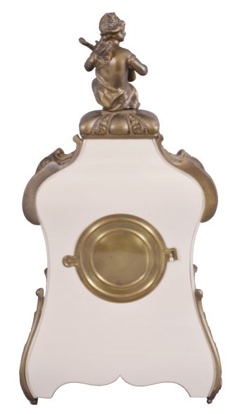 F. Kroeber Clock Co., New York, "Pampadour", 8 day, time and strike, spring brass movement enameled iron case mantel clock.