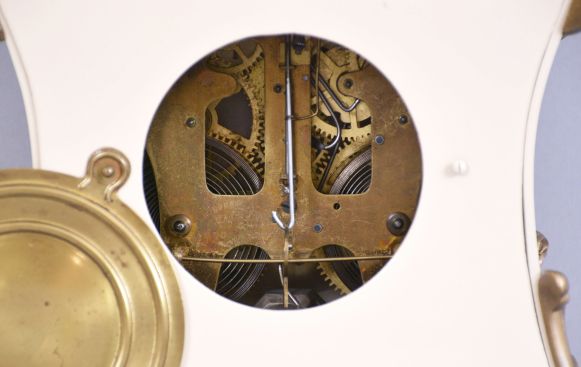 F. Kroeber Clock Co., New York, "Pampadour", 8 day, time and strike, spring brass movement enameled iron case mantel clock.
