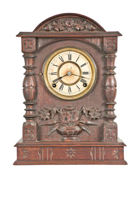 F. Kroeber Clock Co., New York, "Cabinet No. 58", 8 day, time and strike, spring brass movement shelf clock.