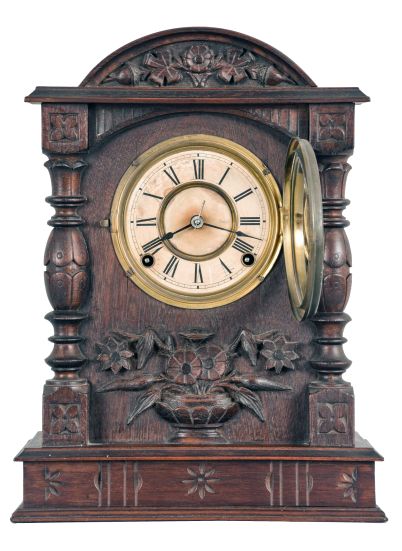 F. Kroeber Clock Co., New York, "Cabinet No. 58", 8 day, time and strike, spring brass movement shelf clock.