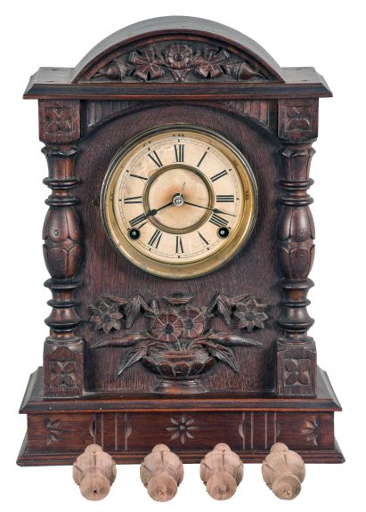 F. Kroeber Clock Co., New York, "Cabinet No. 58", 8 day, time and strike, spring brass movement shelf clock.