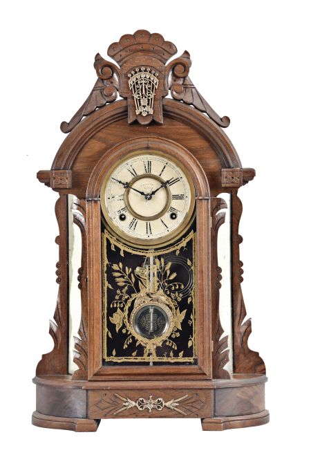 F. Kroeber Clock Co., New York, "Oregon", 8 day, time and strike, spring brass movement shelf clock.