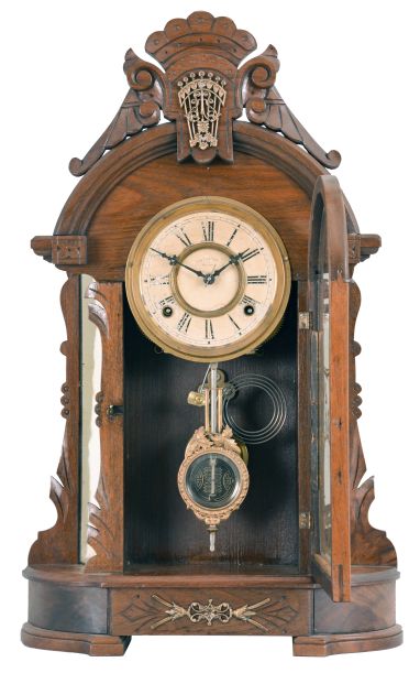 F. Kroeber Clock Co., New York, "Oregon", 8 day, time and strike, spring brass movement shelf clock.