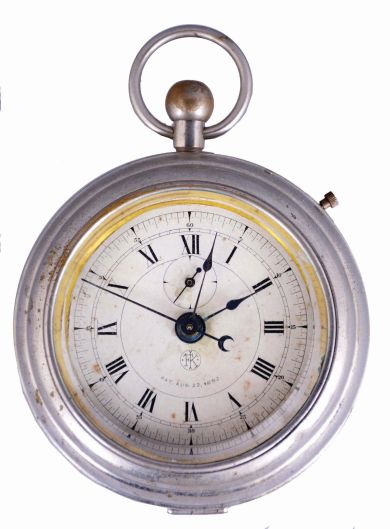 F. Kroeber Clock Co., New York, "Grandfather" novelty clock with a spring driven 30 hour timepiece movement with a sweep second hand and a quarter second hand in a nickel plated case.