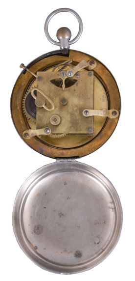 F. Kroeber Clock Co., New York, "Grandfather" novelty clock with a spring driven 30 hour timepiece movement with a sweep second hand and a quarter second hand in a nickel plated case.