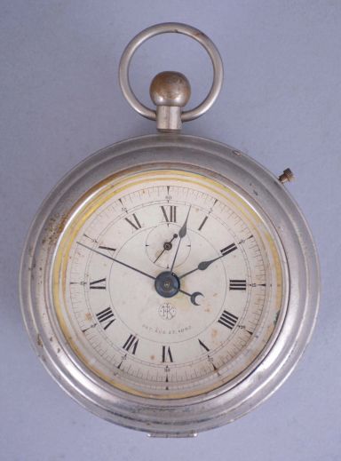 F. Kroeber Clock Co., New York, "Grandfather" novelty clock with a spring driven 30 hour timepiece movement with a sweep second hand and a quarter second hand in a nickel plated case.