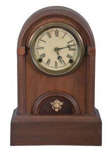 Clocks- 3 (Three): (1) F. Kroeber Clock Co., New York, "Round Top" shelf clock with a spring driven, 8 day, time and strike movement in a walnut case, c1875; (2) F. Kroeber Clock Co., New York, "Round Top Extra" shelf clock with a spring driven, 8 day, time and strike movement in a walnut case with a burl walnut base, c1872. (3) F. Kroeber Clock Co., New York, "Round Top with Alarm" shelf clock, 30 hour, time and strike with alarm, spring driven movement in a walnut case, c1872.