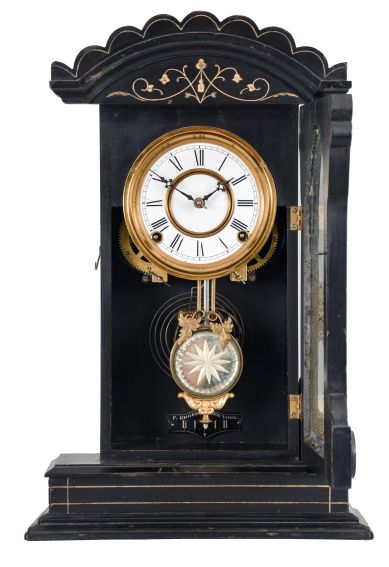 F. Kroeber Clock Co., New York, "Jamestown", 8 day, time and strike, spring brass movement shelf clock.
