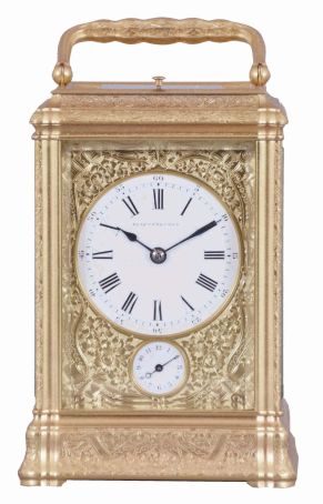Klaftenberger, Paris, a fine, gorge cased, grand sonnerie carriage clock, the glazed, gilt case with foliate engraving and chasing, Roman numeral white enamel dial with blued steel hands, and with gilt mask, engraved to match the case, 8 day time, strike, and alarm movement with lever platform, sounding grand or petit quarters, and repeating the last hour and quarter on demand, with script "AB" stamp inside plates, and also with the mark of Henri Jacot.