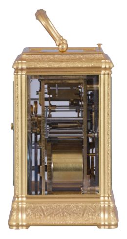 Klaftenberger, Paris, a fine, gorge cased, grand sonnerie carriage clock, the glazed, gilt case with foliate engraving and chasing, Roman numeral white enamel dial with blued steel hands, and with gilt mask, engraved to match the case, 8 day time, strike, and alarm movement with lever platform, sounding grand or petit quarters, and repeating the last hour and quarter on demand, with script "AB" stamp inside plates, and also with the mark of Henri Jacot.