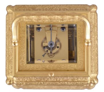 Klaftenberger, Paris, a fine, gorge cased, grand sonnerie carriage clock, the glazed, gilt case with foliate engraving and chasing, Roman numeral white enamel dial with blued steel hands, and with gilt mask, engraved to match the case, 8 day time, strike, and alarm movement with lever platform, sounding grand or petit quarters, and repeating the last hour and quarter on demand, with script "AB" stamp inside plates, and also with the mark of Henri Jacot.