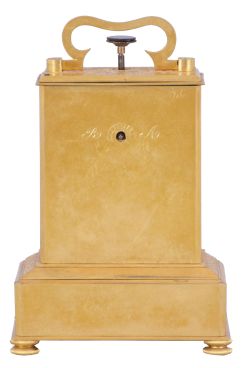 Adolph Uligh, Vienna, quarter repeating miniature carriage clock, rectilinear, gilt brass case on turned feet, the front and sides with foliate engraving, Roman numeral silvered dial, also engraved with floral decoration, blued steel Breguet style hands, round, 30 hour verge fusee movement with blued steel gongs, repeating the last hour and quarter on demand