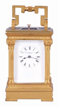 L. Tissot & Cie., Switzerland, for Chester Billings & Son, New York, miniature hour repeating carriage clock, the gilt, glazed Anglaise Riche style case in mignonette #3 size, Roman numeral white enamel dial, blued steel hands, gilt 8 day movement with lever platform and cut bimetallic balance, repeating the hours on demand, with Tissot logo at lower left, back plate, serial #54093