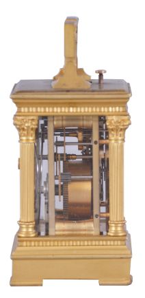 L. Tissot & Cie., Switzerland, for Chester Billings & Son, New York, miniature hour repeating carriage clock, the gilt, glazed Anglaise Riche style case in mignonette #3 size, Roman numeral white enamel dial, blued steel hands, gilt 8 day movement with lever platform and cut bimetallic balance, repeating the hours on demand, with Tissot logo at lower left, back plate, serial #54093