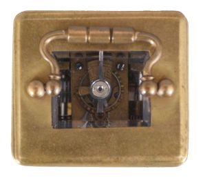 France, for H. Arnold, Budapest, a miniature carriage timepiece with alarm, mignonette #1 size Obis case with beveled glasses, Arabic numeral white enamel dial, blued steel hands, 8 day brass movement with lever platform, the alarm sounding on a coiled gong concealed in the base