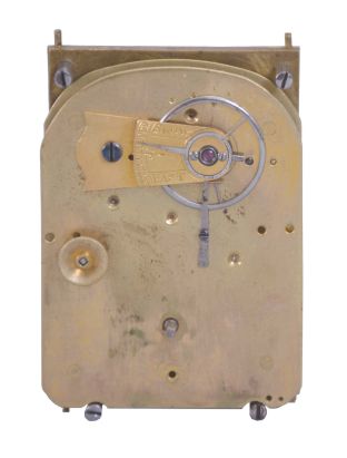 England, a very decorative miniature carriage timepiece, the gilt case with expertly engraved foliate ornament, the corners with reeded columns, surmounted by chased and engraved finials, the top with acanthus decorated handle, Roman numeral silvered dial with engraved center and gilt, engraved mask, blued steel Breguet style hands, 8 day timepiece movement with lever escapement, and spring barrel fixed to the front plate