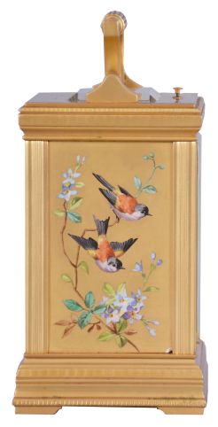 France, for Theodore B. Starr, New York, a large, decorative carriage clock with polychrome enamel decoration and grand sonnerie striking, the Anglaise variant case set with beveled glasses and gilt, porcelain panels, each decorated with flying and perching birds among flowering vines and branches, the dial with Roman numeral white enamel chapter, on a decorative panel matching the case sides, blued steel distaff hands, 8 day time, strike, and alarm movement with lever platform, sounding grand or petit quarters in passing, and repeating the last hour and quarter on demand, serial #1330