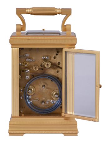France, for Theodore B. Starr, New York, a large, decorative carriage clock with polychrome enamel decoration and grand sonnerie striking, the Anglaise variant case set with beveled glasses and gilt, porcelain panels, each decorated with flying and perching birds among flowering vines and branches, the dial with Roman numeral white enamel chapter, on a decorative panel matching the case sides, blued steel distaff hands, 8 day time, strike, and alarm movement with lever platform, sounding grand or petit quarters in passing, and repeating the last hour and quarter on demand, serial #1330