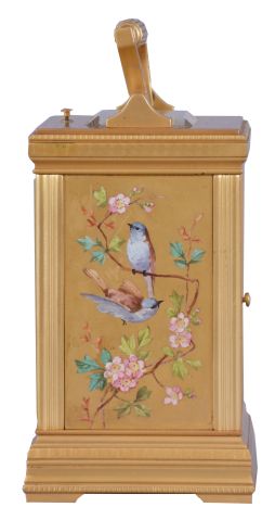 France, for Theodore B. Starr, New York, a large, decorative carriage clock with polychrome enamel decoration and grand sonnerie striking, the Anglaise variant case set with beveled glasses and gilt, porcelain panels, each decorated with flying and perching birds among flowering vines and branches, the dial with Roman numeral white enamel chapter, on a decorative panel matching the case sides, blued steel distaff hands, 8 day time, strike, and alarm movement with lever platform, sounding grand or petit quarters in passing, and repeating the last hour and quarter on demand, serial #1330
