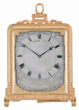 Thomas Cole, for C.F. Hancock, London, a decorative strut timepiece, the gilt case with fine engraved ornament, Roman numeral engraved and silvered dial with retailers signature below 6:00, the dial with fretted and engraved gilt mask and blued steel fleur de lis hands, 8 day timepiece movement with lever escapement and polished steel balance, signed "Thomas Cole London", serial #1644