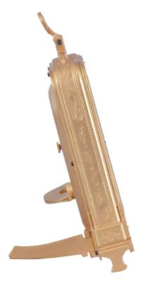 Thomas Cole, for C.F. Hancock, London, a decorative strut timepiece, the gilt case with fine engraved ornament, Roman numeral engraved and silvered dial with retailers signature below 6:00, the dial with fretted and engraved gilt mask and blued steel fleur de lis hands, 8 day timepiece movement with lever escapement and polished steel balance, signed "Thomas Cole London", serial #1644