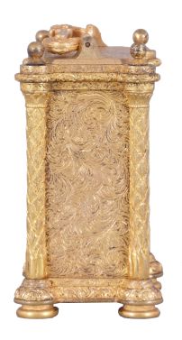 Aubert & Klaftenberger, London, a fine, small, week going English carriage timepiece, the gilt case with foliate engraving, the corners with chased, leaf decorated columns, and signed "L. Lange", Roman numeral silvered dial, the center also with engraving matching the case, blued steel Breguet style hands, and 8 day, 6 pillar fusee movement with lever escapement, serial #1061.