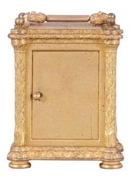 Aubert & Klaftenberger, London, a fine, small, week going English carriage timepiece, the gilt case with foliate engraving, the corners with chased, leaf decorated columns, and signed "L. Lange", Roman numeral silvered dial, the center also with engraving matching the case, blued steel Breguet style hands, and 8 day, 6 pillar fusee movement with lever escapement, serial #1061.