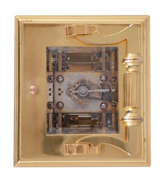 France, a large, Anglaise cased carriage clock with grand sonnerie striking, the glazed, gilt case with molded top and base, the corners with fluted pilasters, Arabic numeral white enamel dial with gilt center and mask, blued steel distaff hands, 8 day time, strike, and alarm movement with lever platform, sounding grand or petit quarters in passing, and repeating the last hour and quarter on demand