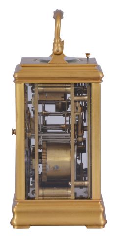 Margaine, Paris, for Henry Capt, Geneva, a Cannelee cased hour repeating carriage clock, glazed, gilt case with molded top and base, signed Roman numeral white enamel dial, blued steel spade and poker hands, 8 day time, strike, and alarm movement with lever platform, repeating the last hour on demand, the back plate with Margaines mark