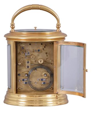 Drocourt, for Henry Capt. Geneva, a large, oval cased, hour repeating carriage clock, the glazed case with molded top and base, Roman numeral white enamel dial, blued steel Breguet style hands, 8 day time, strike and alarm movement with lever platform, repeating the last hour on demand, the back plate with Drocourt