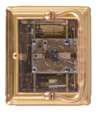 Leroy & Fils, Paris, a good, Gorge cased hour repeating carriage clock with alarm, gilt, glazed case with carrying handle, signed Roman numeral white enamel dial, bearing the firms addresses in Paris and London, blued steel Breguet style hands, 8 day time, strike and alarm movement with lever platform, and repeating the last hour on demand, the back plate marked "Repassee par Leroy & Fils Palais Royal 13 & 15, Paris", and also with the mark of Drocourt, serial #8909