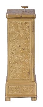 Austria, quarter repeating miniature carriage clock, the rectilinear, gilt brass case on turned feet, front and sides with foliate engraving, carrying handle folding flush with the case top, Roman numeral silvered dial, with engraving matching the case, blued steel hands, round, 30 hour verge fusee movement with blued steel gongs, repeating the last hour and quarter on demand, together with its original leather covered, wooden travel case