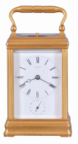 Drocourt, Paris, for Henry Capt, Geneva, a Cannelee cased hour repeating carriage clock, glazed, gilt case with molded top and base, signed Roman numeral white enamel dial, blued steel Breguet style hands, 8 day time, strike, and alarm movement with lever platform, repeating the last hour on demand, the back plate with Drocourt