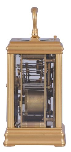 Drocourt, Paris, for Henry Capt, Geneva, a Cannelee cased hour repeating carriage clock, glazed, gilt case with molded top and base, signed Roman numeral white enamel dial, blued steel Breguet style hands, 8 day time, strike, and alarm movement with lever platform, repeating the last hour on demand, the back plate with Drocourt