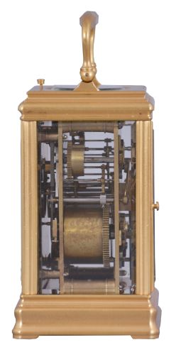 Drocourt, Paris, for Henry Capt, Geneva, a Cannelee cased hour repeating carriage clock, glazed, gilt case with molded top and base, signed Roman numeral white enamel dial, blued steel Breguet style hands, 8 day time, strike, and alarm movement with lever platform, repeating the last hour on demand, the back plate with Drocourt