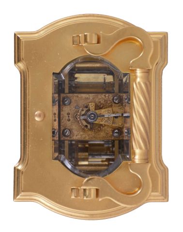 France, a large and extremely decorative carriage clock with grand sonnerie striking, unusual gilt Anglaise variant case with twist columns having Corinthian capitals and turned bases, the molded base and cornice with bowed sides and conforming beveled glasses, top with twist ornamented handle matching the columns, red guilloche enamel dial with convex chapter and gilt Arabic numerals, ornate pierced and chased, gilt dial mask with lily of the valley ornament, gold hands, 8 day time, strike, and alarm movement with lever platform and cut bimetallic balance, sounding grand or petit quarters in passing, and repeating the last hour and quarter on demand, serial #1304, with original leather bound box and key