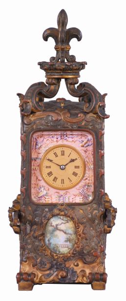 France, hour repeating carriage clock in the form of a sedan chair, the gilt and silvered brass case with faux repousse rococo style ornament, case sides with well executed portraits of a young woman within pink guilloche and polychrome enamel frames, the top with scrolled brackets supporting a fleur de lis finial, Roman numeral gilt metal dial, also with pink guilloche and polychrome enamel surround, the dial above a small, painted garden scene, blued steel hands, 8 day, time and strike movement with lever platform, counting the hours on a gong, and repeating the last hour on demand