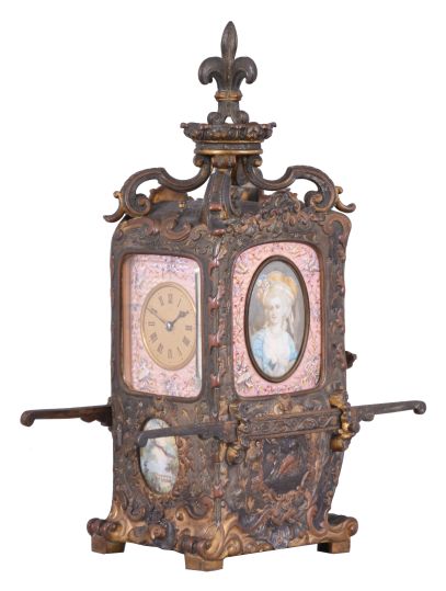 France, hour repeating carriage clock in the form of a sedan chair, the gilt and silvered brass case with faux repousse rococo style ornament, case sides with well executed portraits of a young woman within pink guilloche and polychrome enamel frames, the top with scrolled brackets supporting a fleur de lis finial, Roman numeral gilt metal dial, also with pink guilloche and polychrome enamel surround, the dial above a small, painted garden scene, blued steel hands, 8 day, time and strike movement with lever platform, counting the hours on a gong, and repeating the last hour on demand