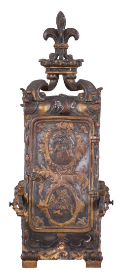 France, hour repeating carriage clock in the form of a sedan chair, the gilt and silvered brass case with faux repousse rococo style ornament, case sides with well executed portraits of a young woman within pink guilloche and polychrome enamel frames, the top with scrolled brackets supporting a fleur de lis finial, Roman numeral gilt metal dial, also with pink guilloche and polychrome enamel surround, the dial above a small, painted garden scene, blued steel hands, 8 day, time and strike movement with lever platform, counting the hours on a gong, and repeating the last hour on demand