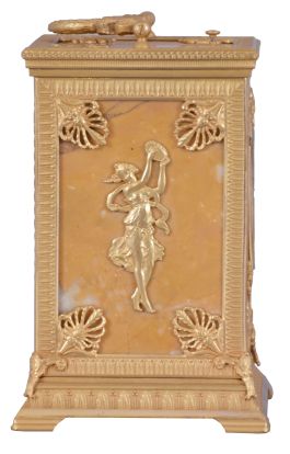Ed. Chartier, Paris, for Tiffany & Co., New York, a fine gilt bronze and sienna marble carriage clock in the neoclassical style, the case set with five stone panels, within leaf molded surrounds having anthemion corners, the front with Roman numeral white enamel dial and gilt hands, above horn of plenty and lyre ornament, the case sides set with a single, dancing muse, and the top with carrying handle of bowknot and trailing ribbon form, with central laurel wreath, 8 day time, strike, and alarm movement with lever platform, repeating the last hour on demand, serial #12837, case and movement signed by Chartier