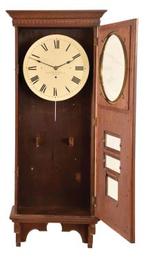Prentiss Improvement Clock Co., calendar clock case and long duration movement only, no pendulum