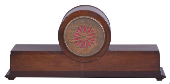 Chelsea Clock Co., Boston Mass. for Jaccard Jewelry, Kansas City, "Babro #44" mantel clock, 8 day, time and house strike, jeweled balance wheel movement in a polished mahogany case with silvered dial and blued steel hands, movement serial number 125279. Chelsea only produced this line for 6 years, so this is not a common clock.