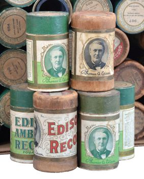 Phonographs- 3 (Three) Thomas A. Edison, Orange, NJ, "Standard" model spring driven cylinder phonographs in oak veneer cases including approximately 100 cylinder records.