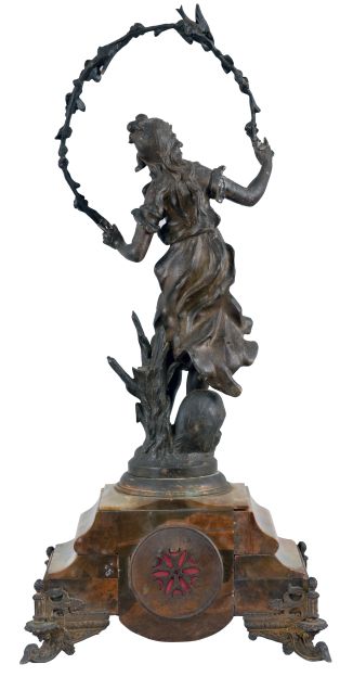 France, Green Onyx Figural Clock, with cream colored arabic numeral dial set within a brass bezel with beveled glass, patinated spelter young lady figure titled "Doux Retour" or Sweet Return celebrating the annual rite of spring with the figure holding a garland of flowers with a perched bird standing above the dial, green onyx multi-part case on cast and gilt classical feet, round eight day French time and strike, spring powered movement with coiled gong for hour strike and pendulum.