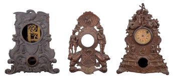 Clocks- 9 (Nine): (1) American iron front case (no movement) c1860; (2) American iron front shelf clock with a spring driven, 8 day timepiece movement, c1860. (3) American iron front shelf clock with a 30 hour timepiece movement and a "Mermaid Times" label on the case bottom, c1860. (4) Forestville Mfg. Co., Forestville, Conn shelf clock with an 8 day spring driven time and strike movement in a wooden case with gilt design and MOP inlay, c1860. (5) A. S. Platt & Co., Bristol, Conn. iron front (painted with MOP inlay) shelf clock with a spring driven 30 hour time and strike movement, c1860. (6) Waterbury Clock Co., 4 Courtland St., New York, painted iron front shelf clock with a 30 hour time and strike movement, c1860. (7) Unmarked American iron front (painted) shelf clock with a 30 hour time & strike spring driven movement, c1860. (8) F. Kroeber Clock Co., New York, iron front shelf clock with a spring driven 30 hour time and strike movement, c1865. (9) Upson Brothers, Bristol, Conn. iron front beehive shelf clock (paint and MOP inlay) with a spring driven, 8 day, time and strike movement (Morse No. (1), c1855